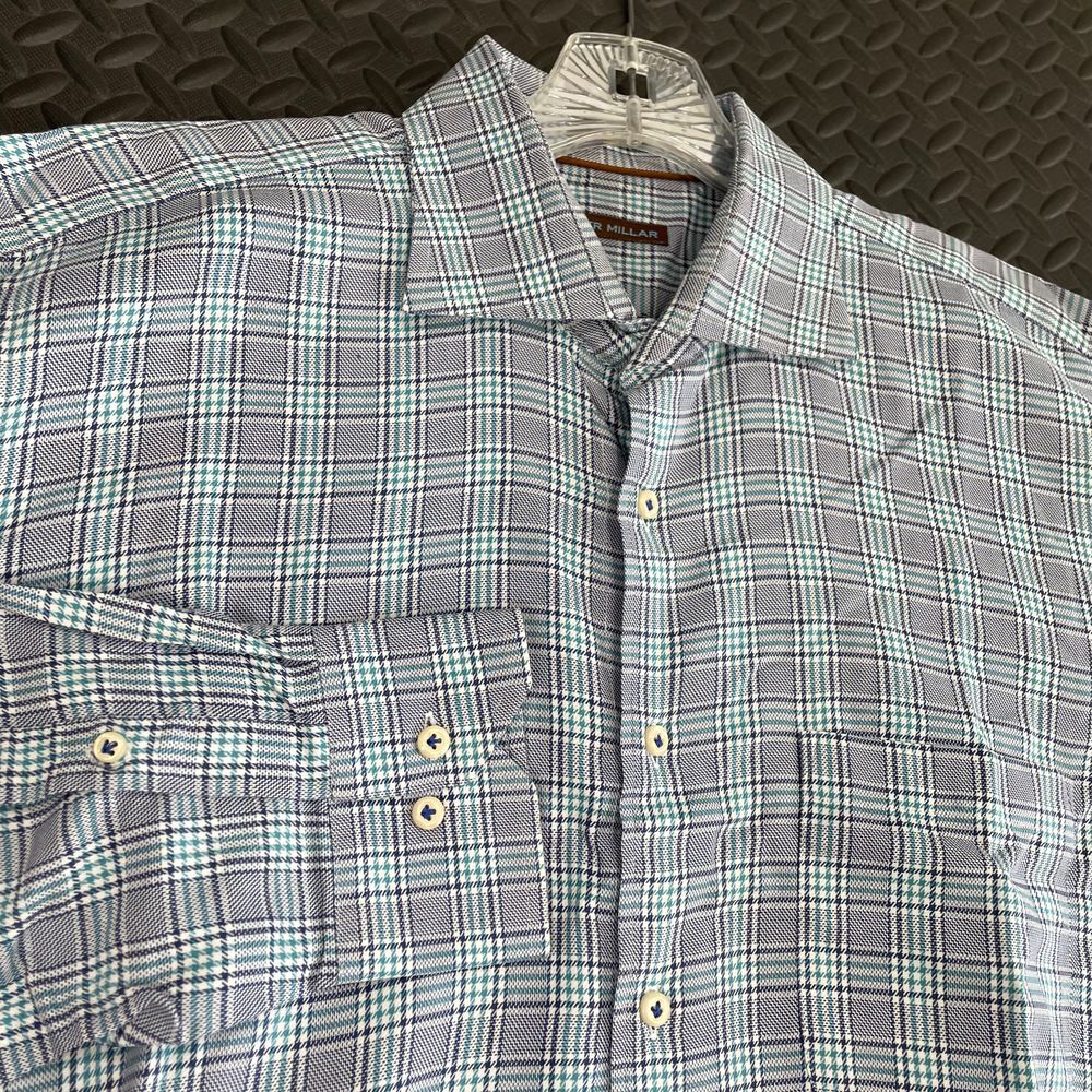 Peter Millar Blue Turquoise Checkered Pattern Button Up Dress‎ Shirt Men Large